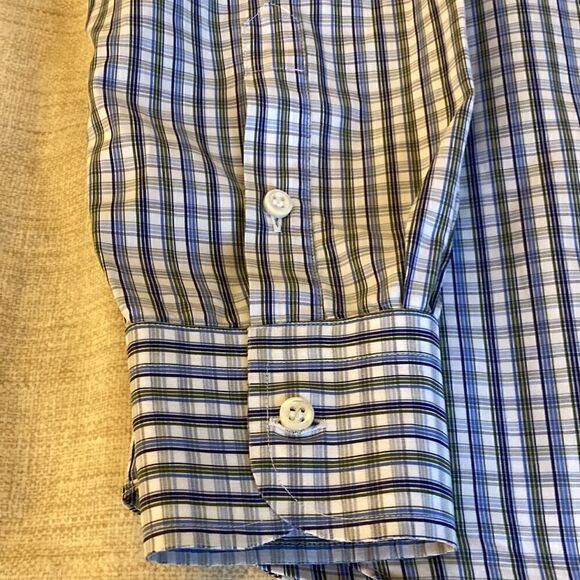 Barneys New York Mens Long Sleeve Fine Cotton Blue/Gray Checked Dress Shirt. XL - Picture 5 of 7